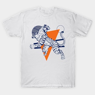 Retro 80s Orange and Blue Tiger on the Attack // Vintage Geometric Shapes Background T-Shirt